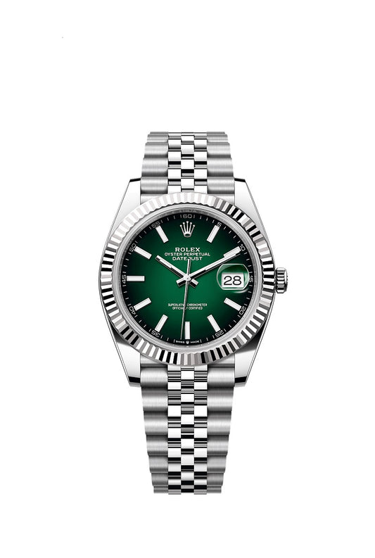 Rolex Datejust 41, Oystersteel and 18k White Gold, Green ombré dial, Fluted Jubilee, Ref# 126334-0034