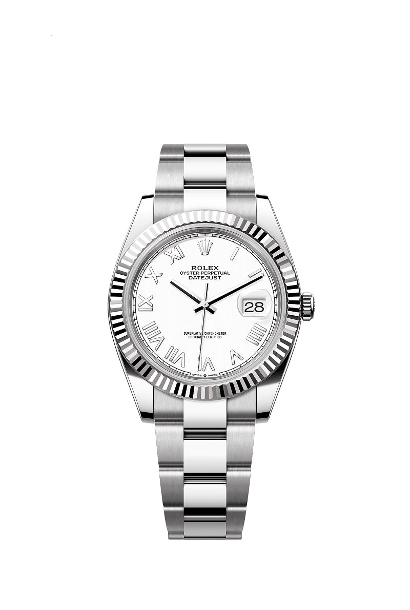 Rolex Datejust 41, Oystersteel and 18k White Gold, Intense white Roman dial, Fluted Oyster, Ref# 126334-0035