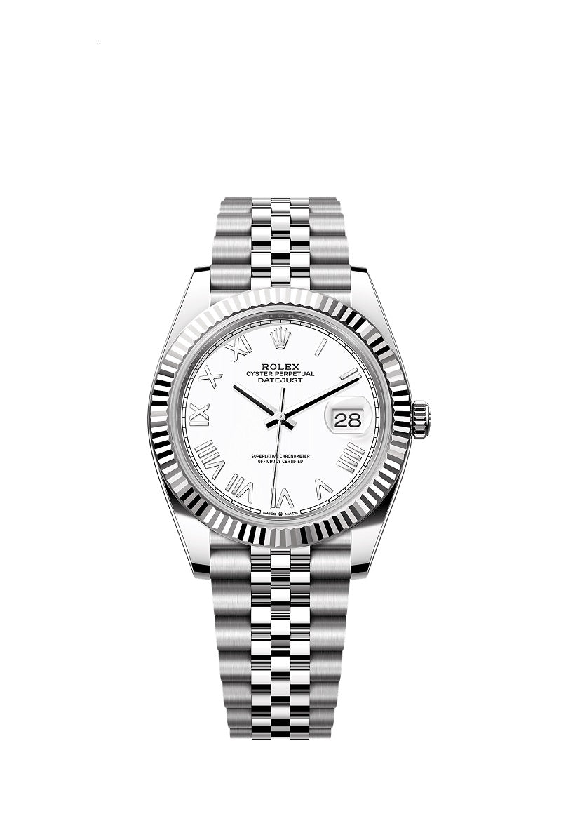 Rolex Datejust 41, Oystersteel and 18k White Gold, Intense white Roman dial, Fluted Jubilee, Ref# 126334-0036