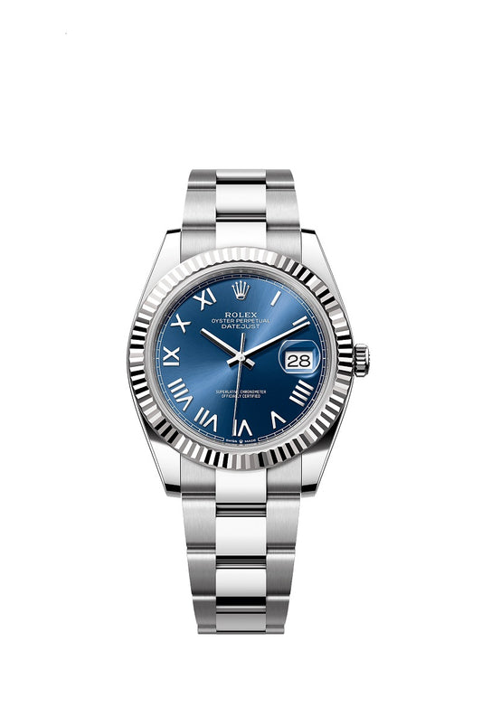 Rolex Datejust 41, Oystersteel and 18k White Gold, Bright blue sunray Roman dial, Fluted Oyster, Ref# 126334-0037