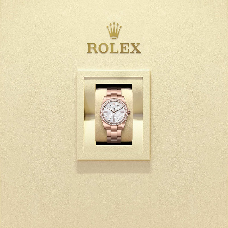 Rolex Oyster Perpetual 34, 18k Everose Gold and Diamonds, 34mm, White Mother-of-Pearl dial, Oyster, Ref# 124245rbr-0002, Watch in box