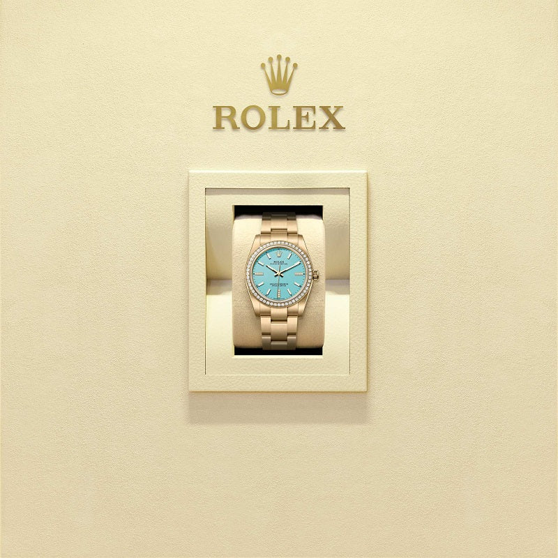 Rolex Oyster Perpetual 34, 18k Yellow Gold and Diamonds, 34mm, Turquoise Blue dial, Oyster, Ref# 124248rbr-0002, Watch in box