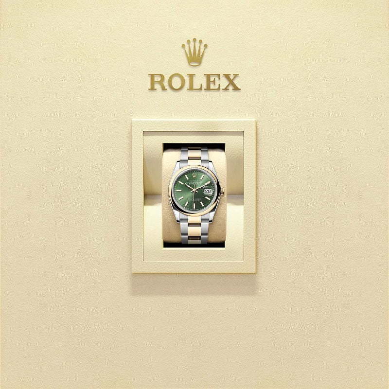 Rolex Datejust 36, Oystersteel and 18k Yellow Gold, Olive green sunray dial, Domed Oyster, Ref# 126203-0058, Watch in box