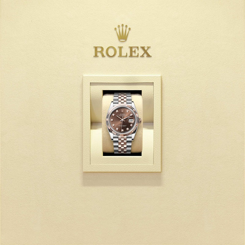 Rolex Datejust 36, Oystersteel and 18k Everose Gold, Chocolate sunray set with 10 diamonds dial, Fluted Jubilee, Ref# 126231-0053, Watch in box