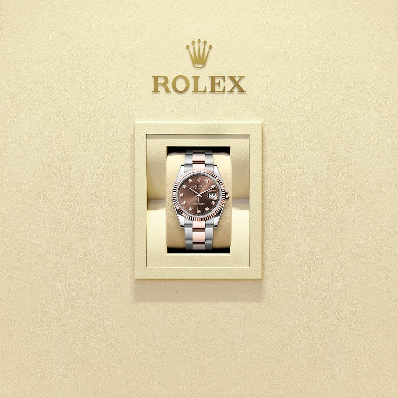 Rolex Datejust 36, Oystersteel and 18k Everose Gold, Chocolate sunray set with 10 diamonds dial, Fluted Oyster, Ref# 126231-0054, Watch in box