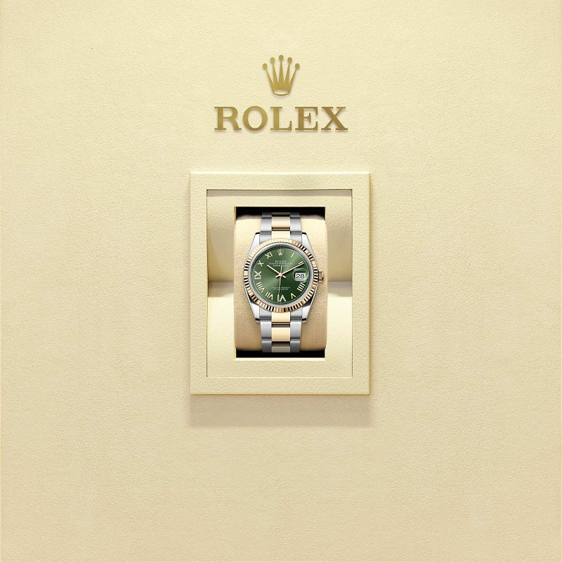 Rolex Datejust 36, Oystersteel and 18k Yellow Gold, Olive green sunray set with Diamonds dial, Fluted Oyster, Ref# 126233-0050, Watch in box