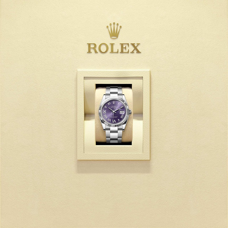 Rolex Datejust 36, Oystersteel and 18k White Gold, Aubergine set with diamonds dial, Fluted Oyster, Ref# 126234-0064, Watch in box