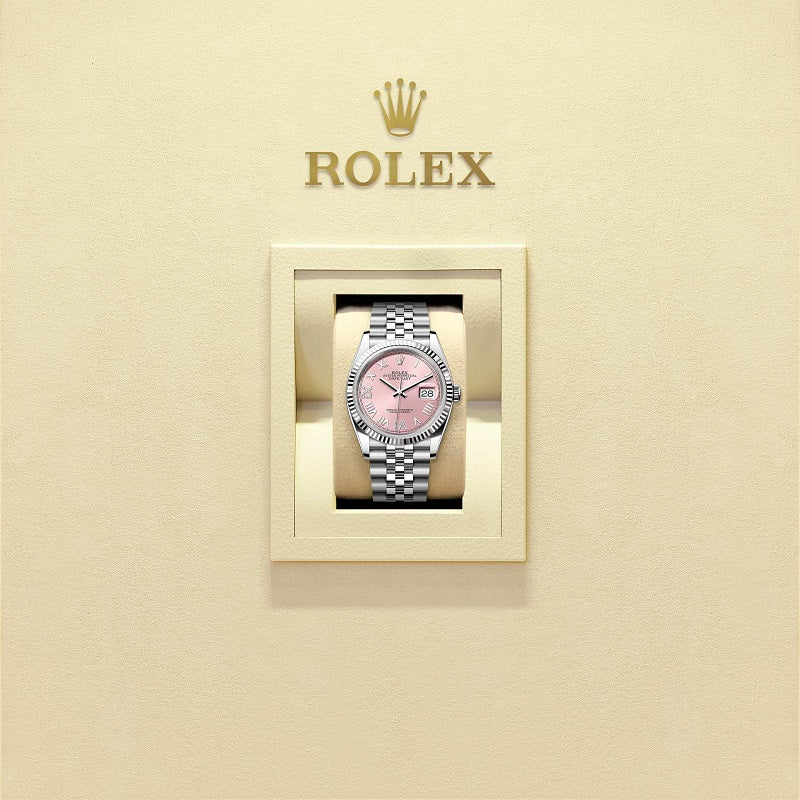 Rolex Datejust 36, Oystersteel and 18k White Gold, Pink set with diamonds dial, Fluted Jubilee, Ref# 126234-0065, Watch in box