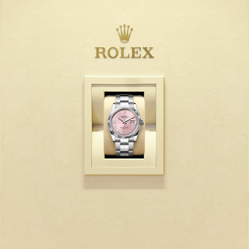 Rolex Datejust 36, Oystersteel and 18k White Gold, Pink set with diamonds dial, Fluted Oyster, Ref# 126234-0066, Watch in box