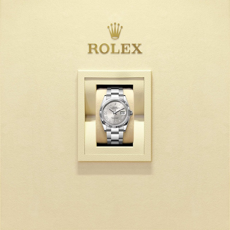 Rolex Datejust 36, Oystersteel and 18k White Gold, Silver set with diamonds dial, Fluted Oyster, Ref# 126234-0068, Watch in box