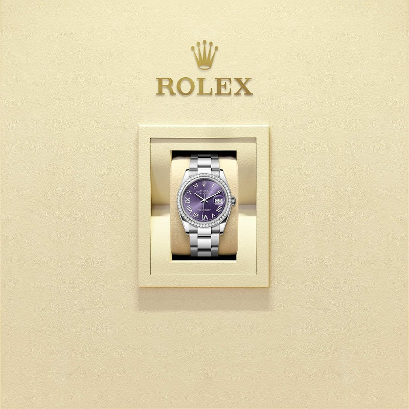 Rolex Datejust 36, Oystersteel and 18k White Gold, Aubergine set with diamonds dial, Diamond-set bezel Oyster, Ref# 126284rbr-0056, Watch in box