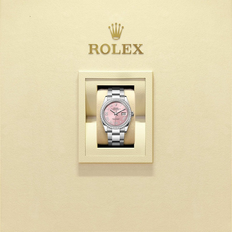 Rolex Datejust 36, Oystersteel and 18k White Gold, Pink set with diamonds dial, Diamond-set bezel Oyster, Ref# 126284rbr-0058, Watch in box