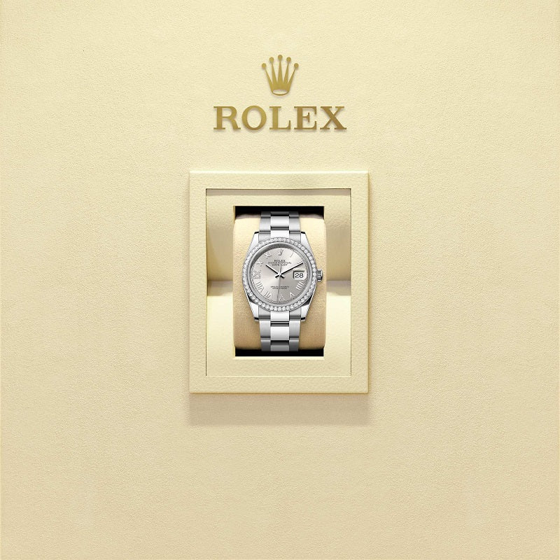 Rolex Datejust 36, Oystersteel and 18k White Gold, Silver set with diamonds dial, Diamond-set bezel Oyster, Ref# 126284rbr-0060, Watch in box