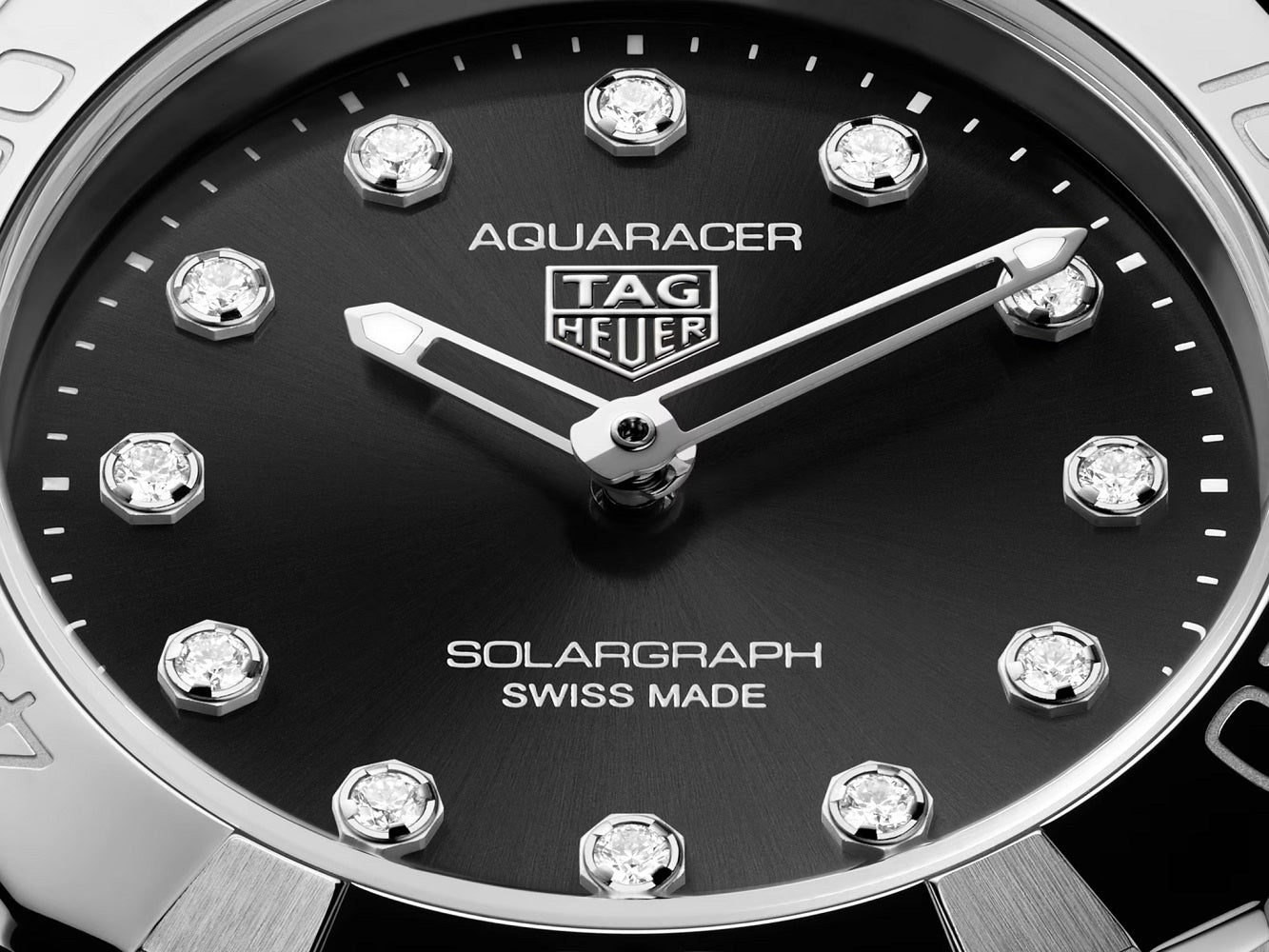 TAG Heuer Aquaracer Professional 100 Solargraph, Stainless Steel and Diamonds set, Solar Quartz, 28 mm, Ref# WBP141G.BA0049, Hands and indexes