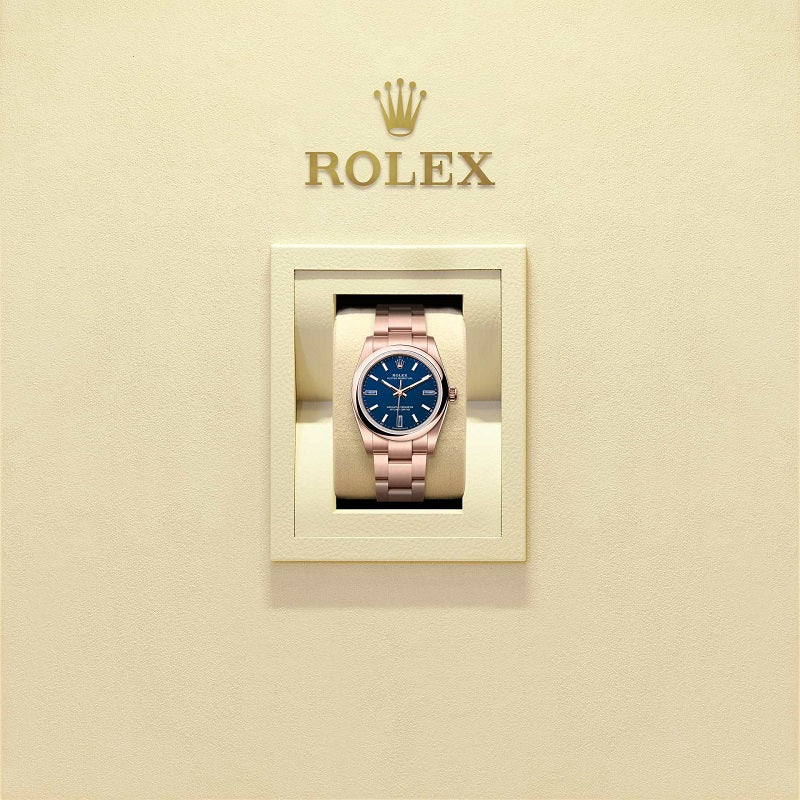 Rolex Oyster Perpetual 34, 18k Everose Gold, 34mm, Blue stone dial, Domed Oyster, Ref# 124205-0002, Watch in box