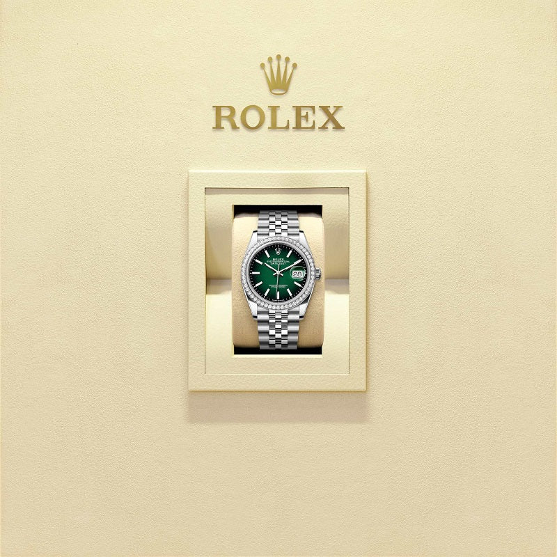 Rolex Datejust 36, Oystersteel and 18k White Gold, Green ombré dial, Diamond-set bezel Jubilee, Ref# 126284rbr-0051, Watch in box