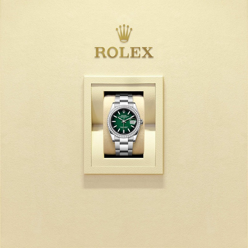 Rolex Datejust 36, Oystersteel and 18k White Gold, Green ombré dial, Diamond-set bezel Oyster, Ref# 126284rbr-0052, Watch in box