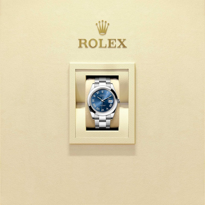 Rolex Datejust 41, Oystersteel, Bright blue sunray Roman dial, Smooth Oyster, Ref# 126300-0029, Watch in box