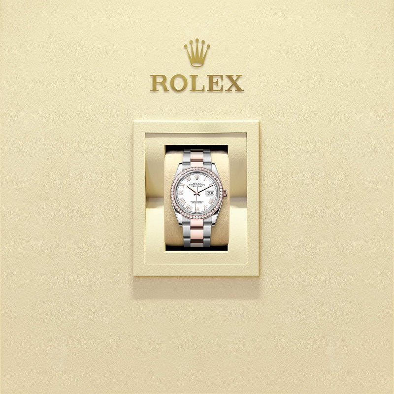 Rolex Datejust 36, Oystersteel and 18k Everose Gold, Intense white Roman dial, Diamond-set bezel Oyster, Ref# 126281rbr-0034, watch in box