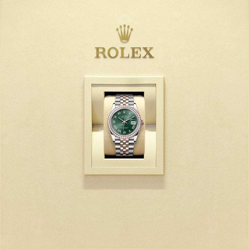 Rolex Datejust 36, Oystersteel and 18k Everose Gold, Mint green sunray Roman dial, Diamond-set bezel Jubilee, Ref# 126281rbr-0039, Watch in box