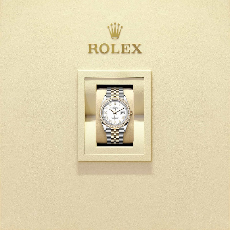 Rolex Datejust 36, Oystersteel and 18k Yellow Gold, Intense white Roman dial, Diamond-set bezel Jubilee, Ref# 126283RBR-0033, Watch in box