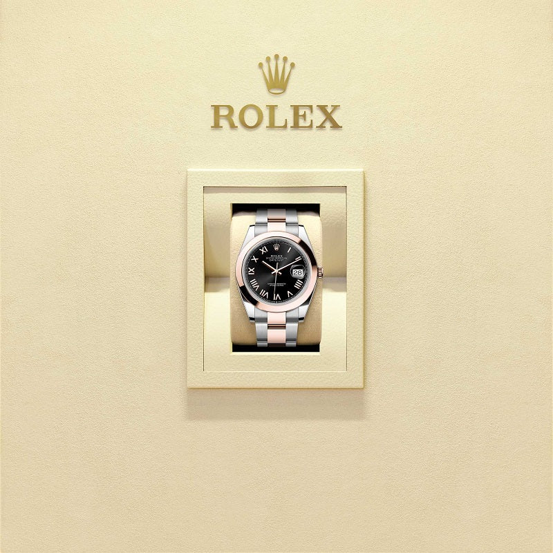 Rolex Datejust 41, Oystersteel and 18k Everose Gold, Bright black sunray Roman dial, Smooth Oyster, Ref# 126301-0023, Watch in box