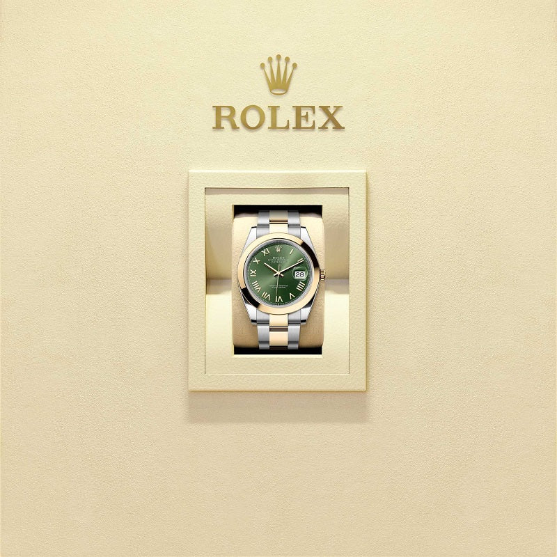 Rolex Datejust 41, Oystersteel and 18k Yellow Gold, Olive green sunray Roman dial, Smooth Oyster, Ref# 126303-0023, Wach in box