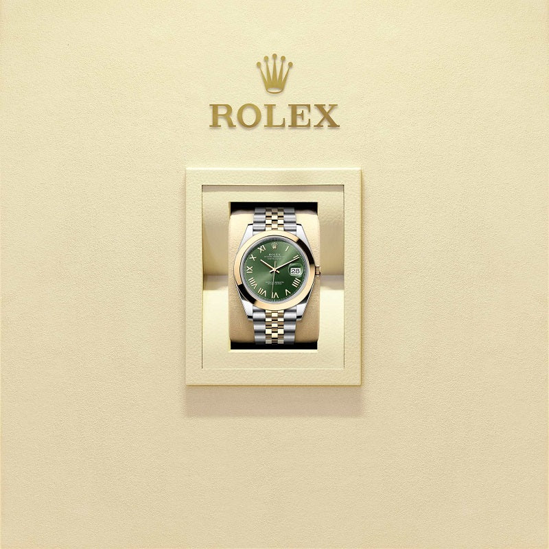 Rolex Datejust 41, Oystersteel and 18k Yellow Gold, Olive green Roman sunray dial, Smooth Jubilee, Ref# 126303-0024, Watch in box
