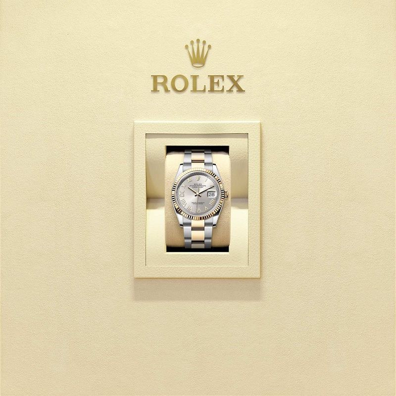 Rolex Datejust 36, Oystersteel and 18k Yellow Gold, Silver set with Diamonds dial, Fluted Oyster, Ref# 126233-0052, Watch in box