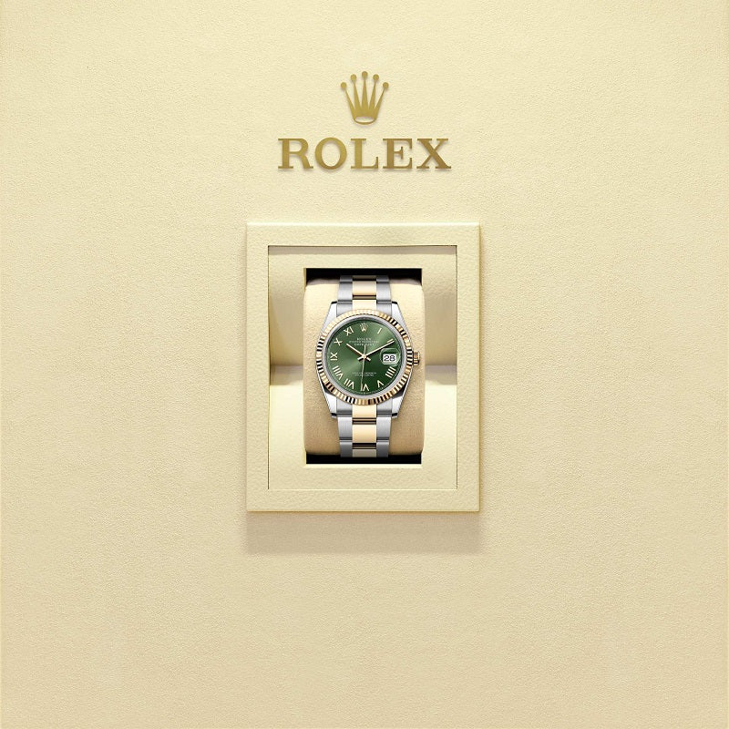 Rolex Datejust 36, Oystersteel and 18k Yellow Gold, Olive green sunray Roman dial, Fluted Oyster, Ref# 126233-0054, Watch in box