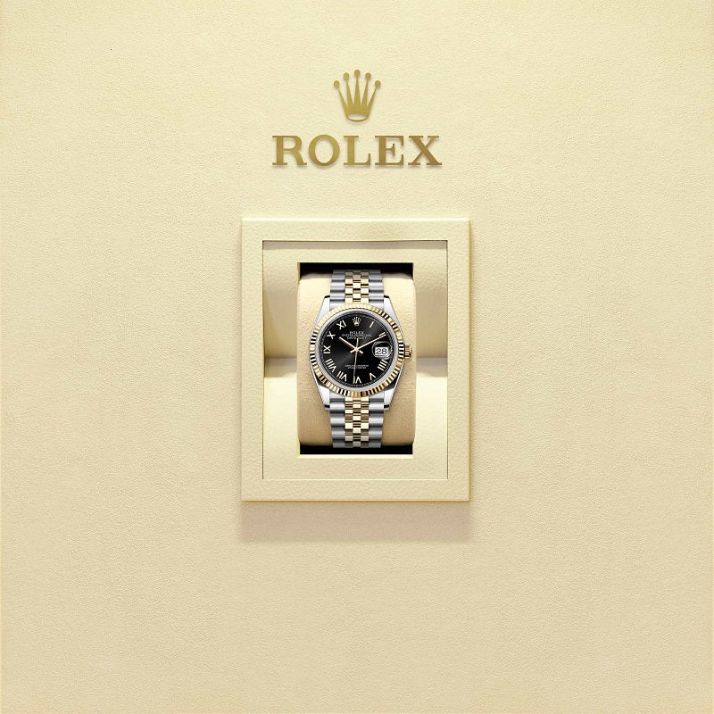 Rolex Datejust 36, Oystersteel and 18k Yellow Gold, Bright black sunray Roman dial, Fluted Jubilee, Ref# 126233-0055, Watch in box