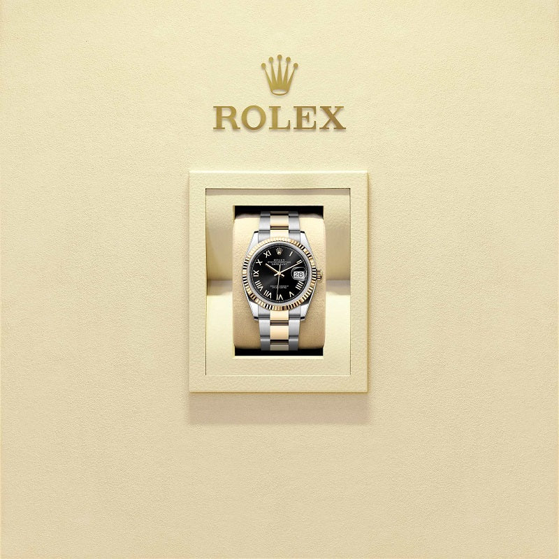 Rolex Datejust 36, Oystersteel and 18k Yellow Gold, Bright black sunray Roman dial, Fluted Oyster, Ref# 126233-0056, Watch in box