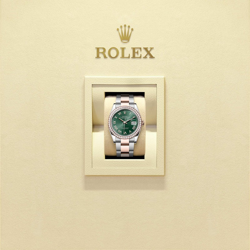 Rolex Datejust 36, Oystersteel and 18k Everose Gold, Mint green sunray Roman dial, Diamond-set bezel Oyster, Ref# 126281rbr-0040, watch in box