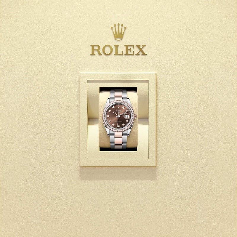 Rolex Datejust 36, Oystersteel and 18k Everose Gold, Chocolate sunray set with 10 diamonds dial, Diamond-set bezel Oyster, Ref# 126281rbr-0042, Watch in box