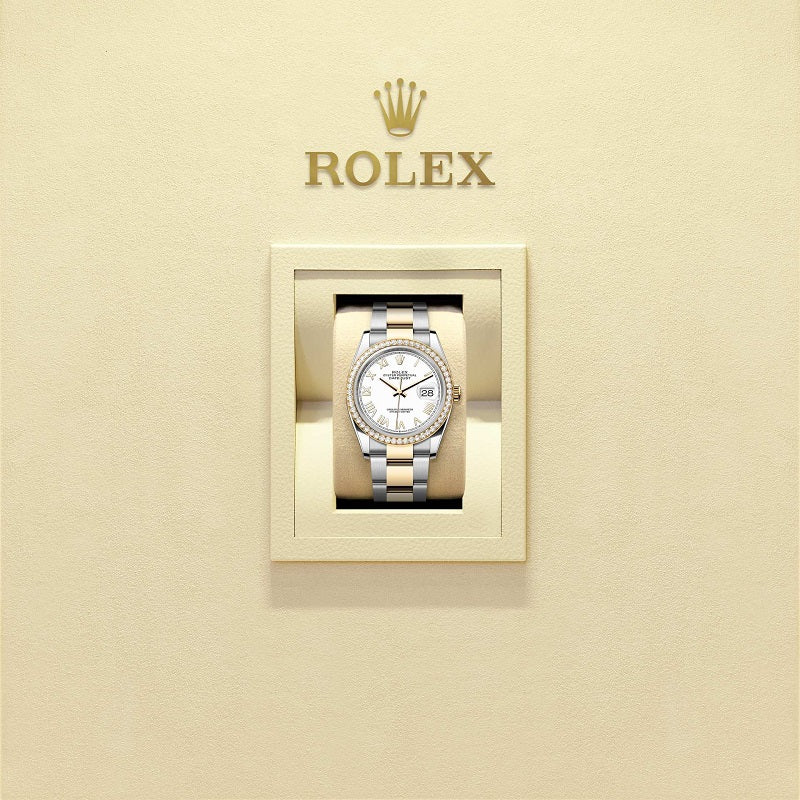 Rolex Datejust 36, Oystersteel and 18k Yellow Gold, Intense white Roman dial, Diamond-set bezel Oyster, Ref# 126283RBR-0034, Watch in box