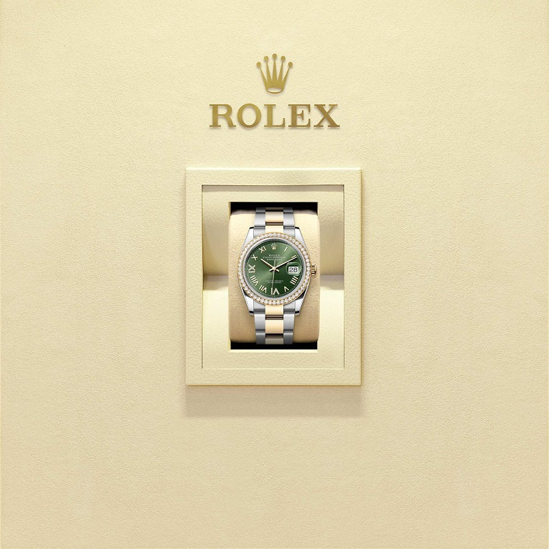 Rolex Datejust 36, Oystersteel and 18k Yellow Gold, Olive green sunray set with Diamonds dial, Diamond-set bezel Oyster, Ref# 126283RBR-0036, Watch in box