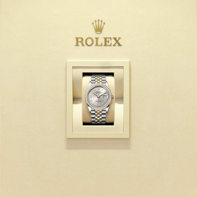 Rolex Datejust 36, Oystersteel and 18k Yellow Gold, Silver sunray set with Diamonds dial, Diamond-set bezel Jubilee, Ref# 126283RBR-0037, Watch in box