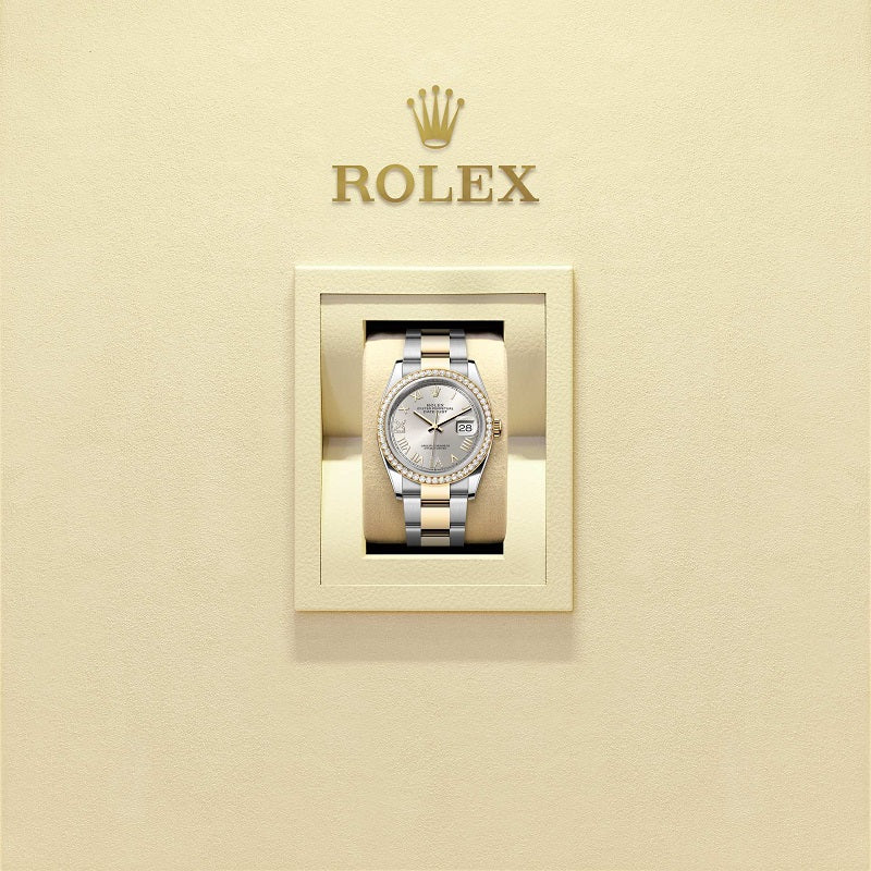 Rolex Datejust 36, Oystersteel and 18k Yellow Gold, Silver sunray set with Diamonds dial, Diamond-set bezel Oyster, Ref# 126283RBR-0038, Watch in box