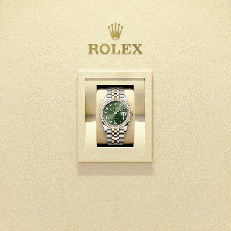 Rolex Datejust 36, Oystersteel and 18k Yellow Gold, Olive green sunray Roman dial, Diamond-set bezel Jubilee, Ref# 126283RBR-0039, Watch in box