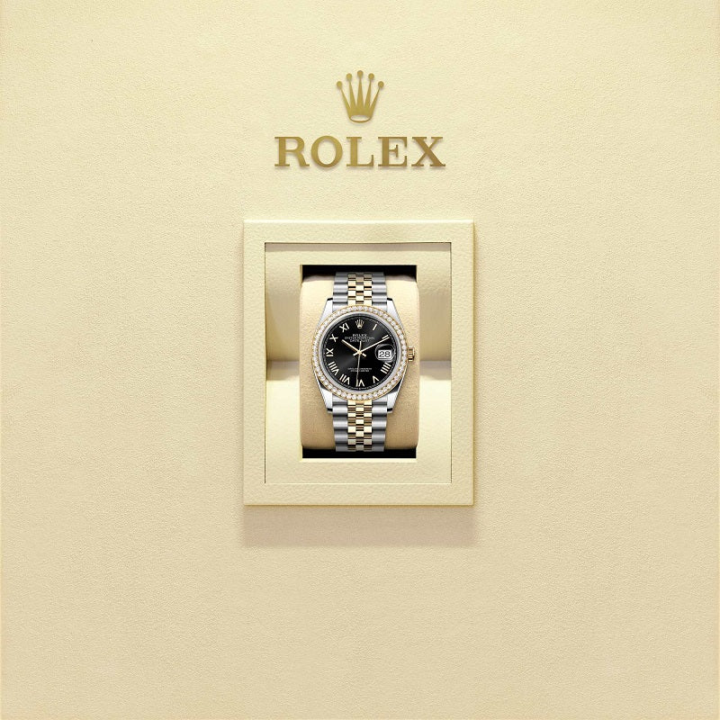Rolex Datejust 36, Oystersteel and 18k Yellow Gold, Bright black sunray Roman dial, Diamond-set bezel Jubilee, Ref# 126283RBR-0041, Watch in box