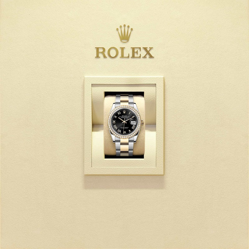 Rolex Datejust 36, Oystersteel and 18k Yellow Gold, Bright black sunray Roman dial, Diamond-set bezel Oyster, Ref# 126283RBR-0042, Watch in box