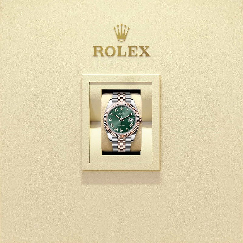 Rolex Datejust 41, Oystersteel and 18k Everose Gold, Mint green sunray Roman dial, Fluted Jubilee, Ref# 126331-0022, Watch in box