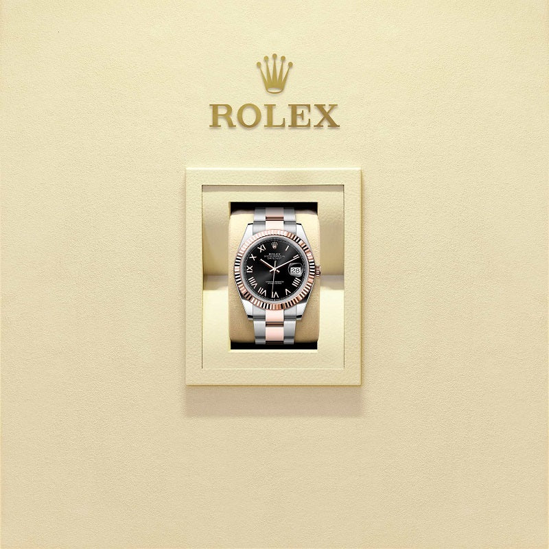 Rolex Datejust 41, Oystersteel and 18k Everose Gold, Bright black sunray Roman dial, Fluted Oyster, Ref# 126331-0023, Watch in box