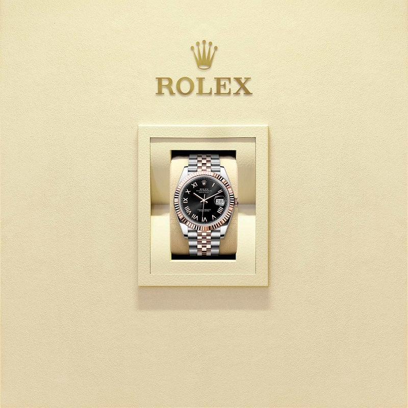 Rolex Datejust 41, Oystersteel and 18k Everose Gold, Bright black sunray Roman dial, Fluted Jubilee, Ref# 126331-0024, Watch n box