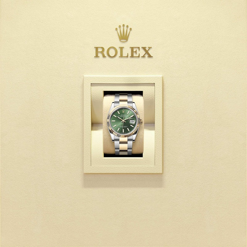Rolex Datejust 36, Oystersteel and 18k Yellow Gold, Olive green sunray dial, Fluted Oyster, Ref# 126233-0058, Watch in box