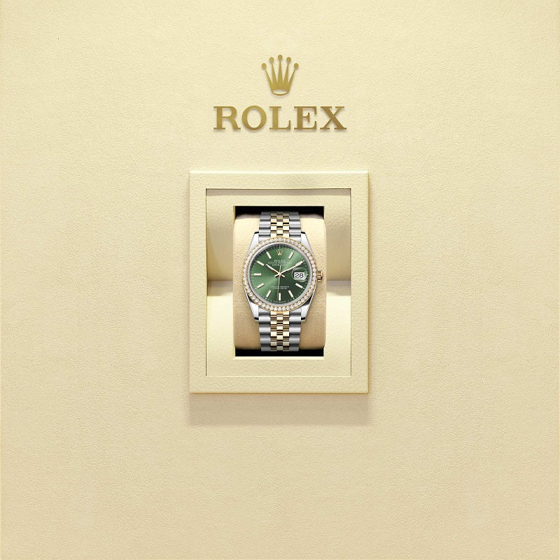 Unworn 2026, Rolex Datejust 36, Oystersteel and 18k Yellow Gold, Olive green sunray dial, Diamond-set bezel Jubilee, Ref# 126283RBR-0043, Watch in box