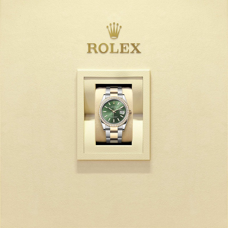 Rolex Datejust 36, Oystersteel and 18k Yellow Gold, Olive green sunray dial, Diamond-set bezel Oyster, Ref# 126283RBR-0044, Watch in box