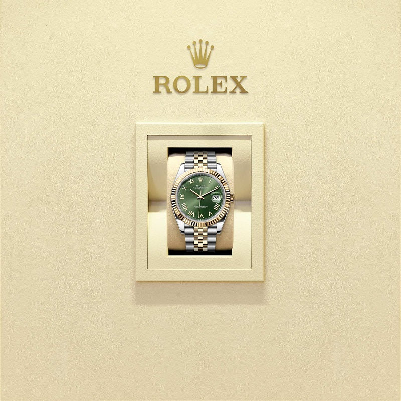 Rolex Datejust 41, Oystersteel and 18k Yellow Gold, Olive green Roman sunray dial, Fluted Jubilee, Ref# 126333-0024, Watch in box