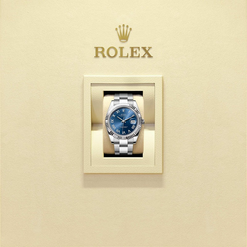 Rolex Datejust 41, Oystersteel and 18k White Gold, Bright blue sunray Roman dial, Fluted Oyster, Ref# 126334-0037, Watch in box