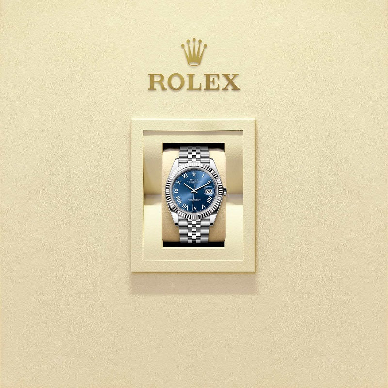 Rolex Datejust 41, Oystersteel and 18k White Gold, Bright blue sunray Roman dial, Fluted Jubilee, Ref# 126334-0038, Watch in box